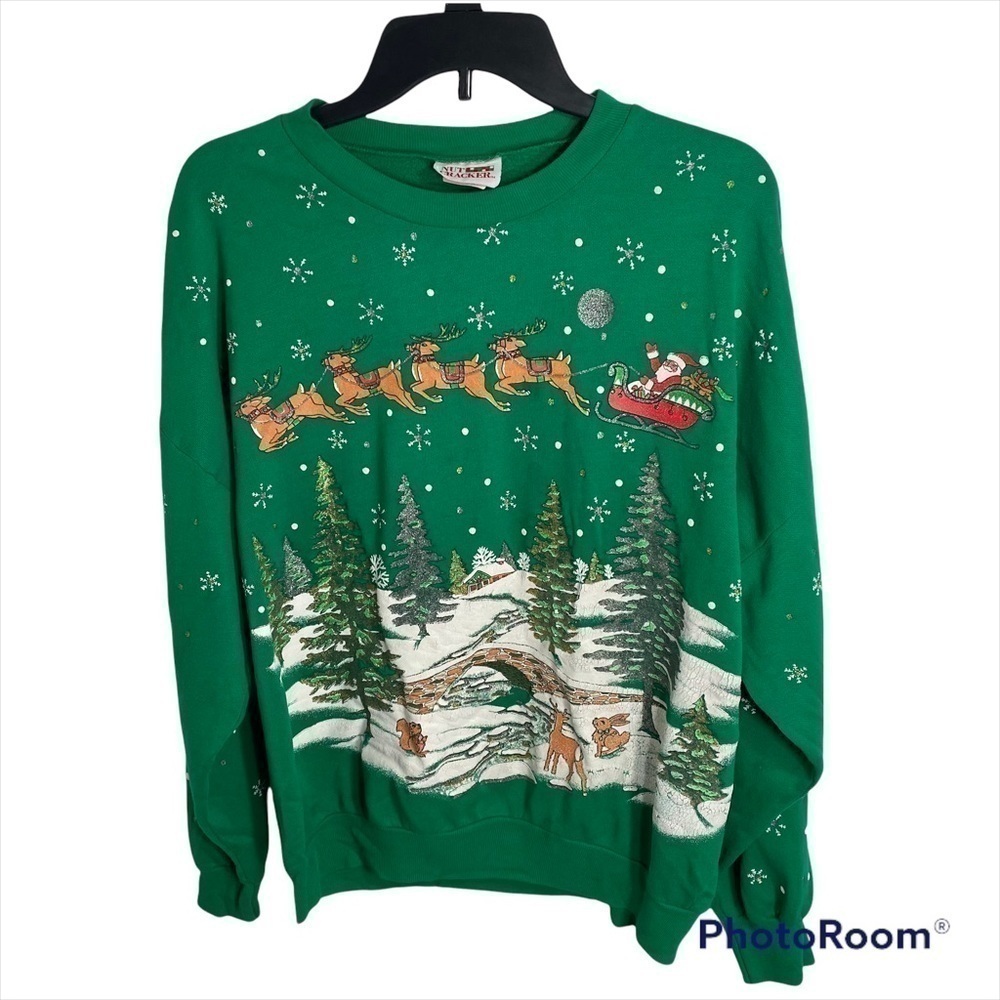 Vintage Christmas Eve Santa Flying Reindeer Sweatshirt Large Women’s Made In Usa